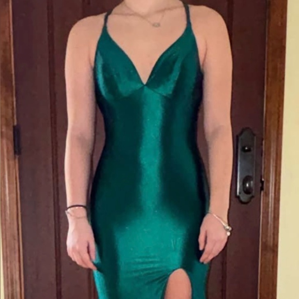 Dave & Johnny Teal Satin Slip Gown with Front Thigh Slit